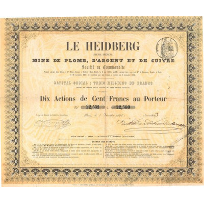 Le Heidberg (Prisse Rhénane) Mine de Plomb d'Argent et de Cuivre (Titre 10 Act 100 F)