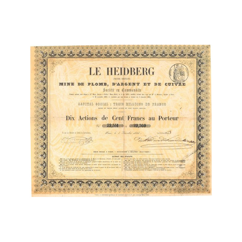 Le Heidberg (Prisse Rhénane) Mine de Plomb d'Argent et de Cuivre (Titre 10 Act 100 F)