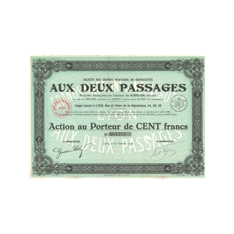Sté des Grands Magasins de Nouveautés - Aux Deux Passages (Act 100 F)