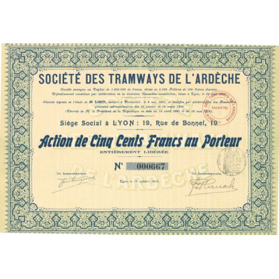 Sté des Tramways de l'Ardèche (Act 500 F)