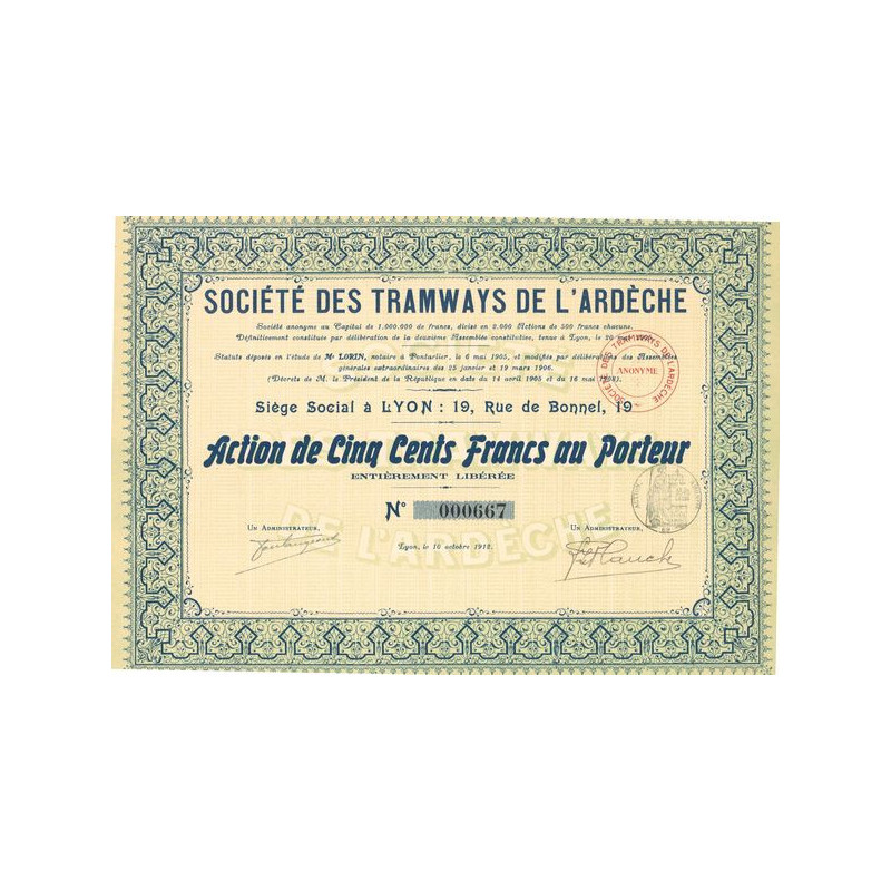 Sté des Tramways de l'Ardèche (Act 500 F)