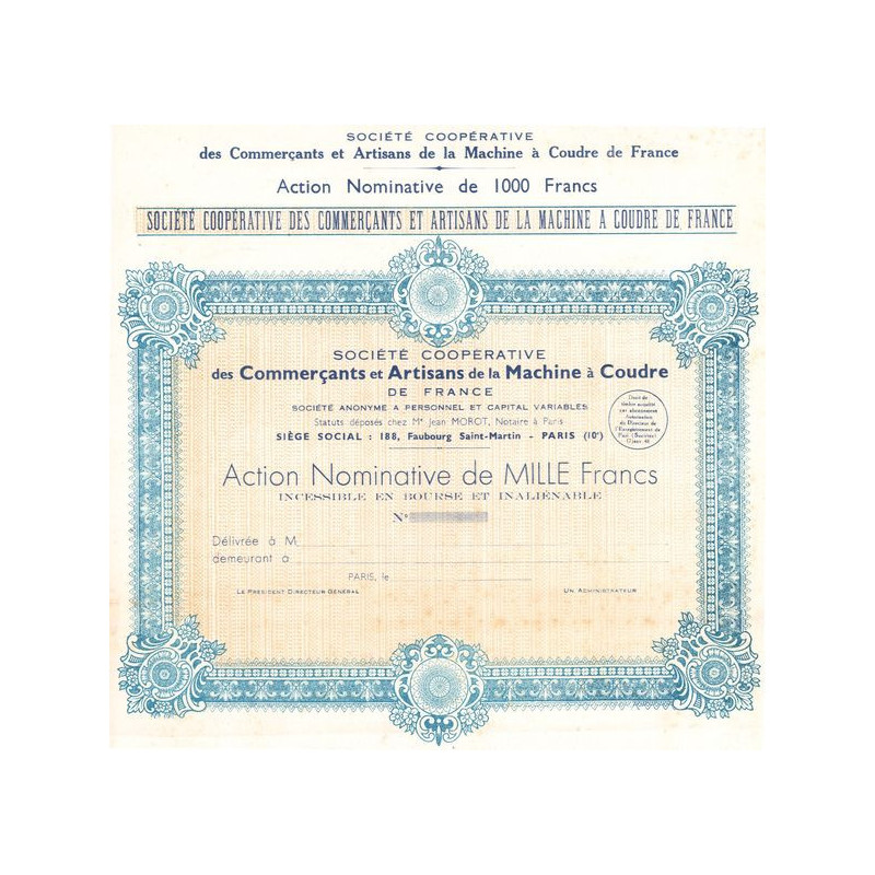 Sté Coopérative des Commerçants et Artisans de la Machine à Coudre de France (Blanquette) (Act Nomin 1000 F)