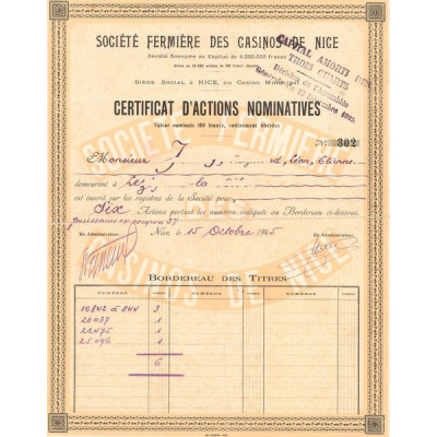 Sté Fermière des Casinos de Nice (Certif d'Act Nomin 100 F)