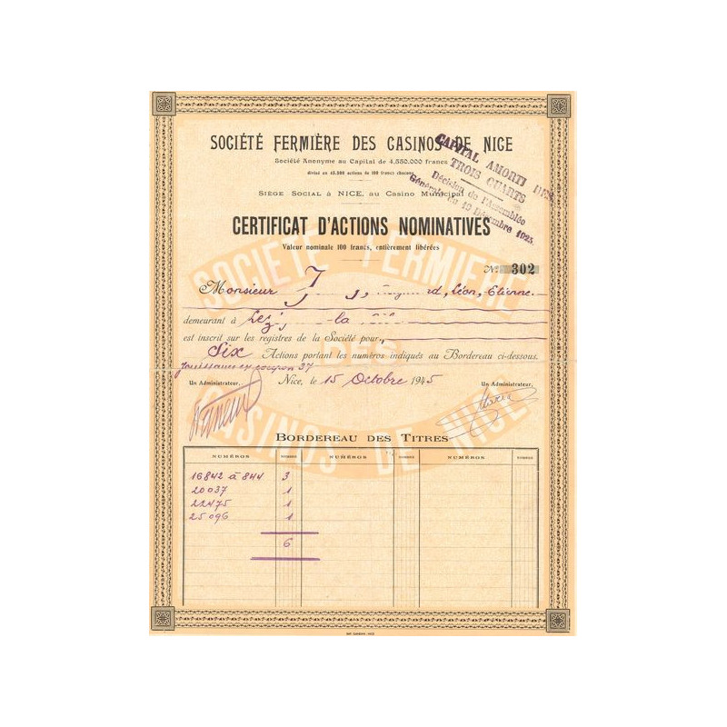Sté Fermière des Casinos de Nice (Certif d'Act Nomin 100 F)