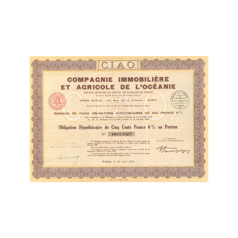 Cie Immobilière et Agricole de l'Océanie C.I.A.O. (Obl Hypot 500 F 6%))