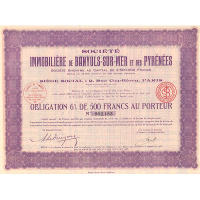 Sté Immobilière de Banyuls-sur-Mer et des Pyrénées (Obl 6% 500 F)