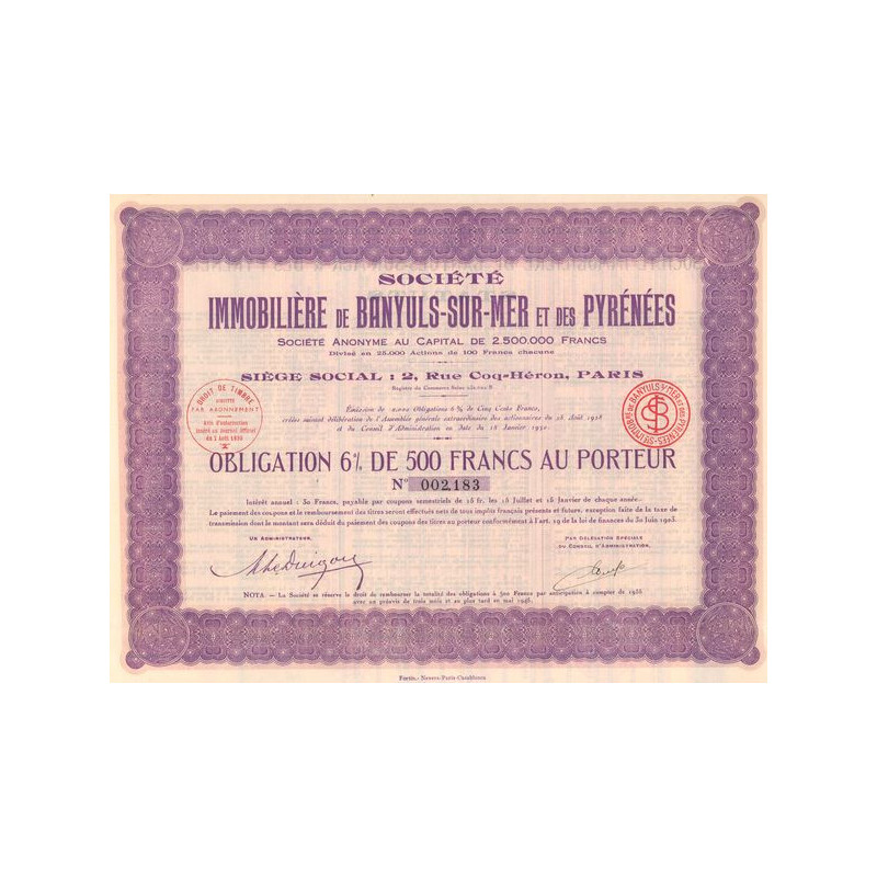 Sté Immobilière de Banyuls-sur-Mer et des Pyrénées (Obl 6% 500 F)
