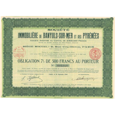 Sté Immobilière de Banyuls-sur-Mer et des Pyrénées (Obl 7% 500 F)