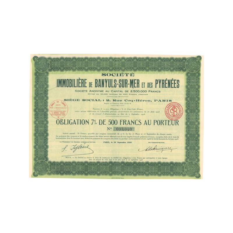 Sté Immobilière de Banyuls-sur-Mer et des Pyrénées (Obl 7% 500 F)