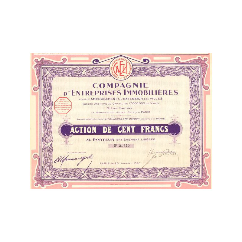 Cie d'Entreprises Immobilière pour l'Aménagement et l'Extention des Villes (Act 100 F)
