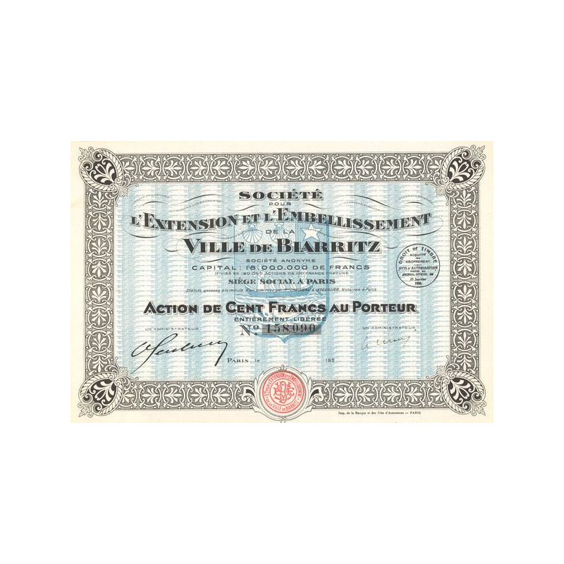 Sté pour l'Extention et l'Embellissement de la Ville de Biarritz (Act 100 F)