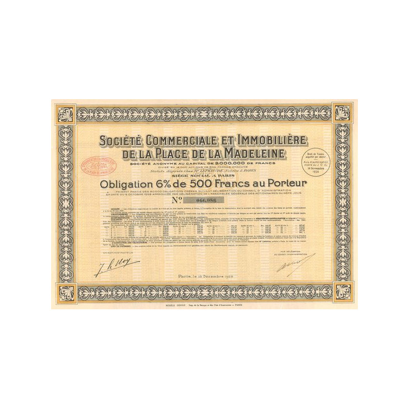 Sté Commerciale et Immobilière de la Place de la Madeleine (Obl 6% 500 F)