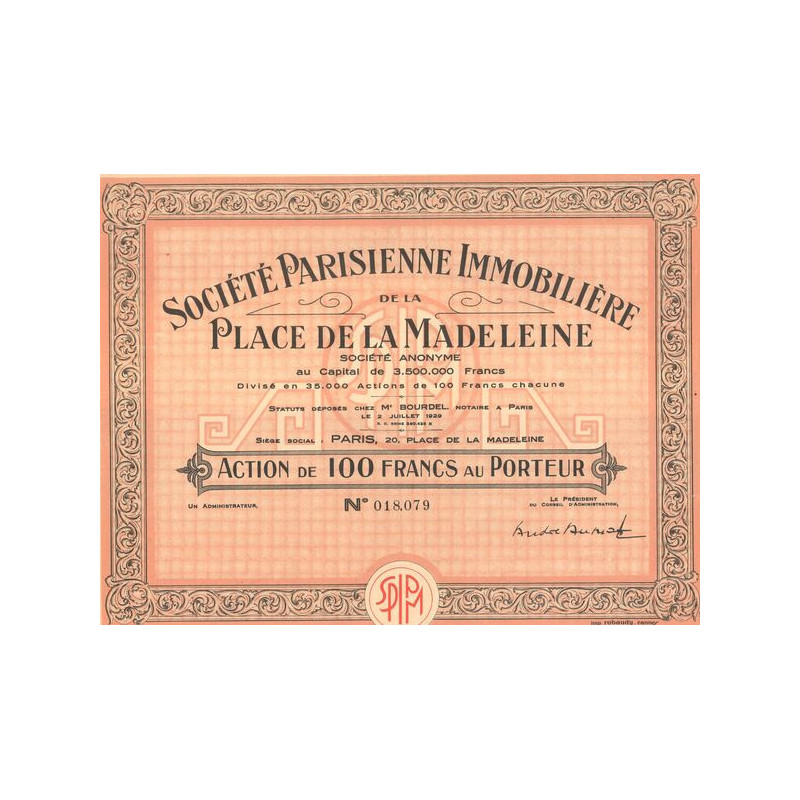 Sté Parisienne Immobilière de la Place de la Madeleine (Act 100 F)
