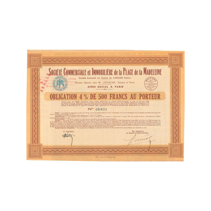 Sté Commerciale et Immobilière de la Place de la Madeleine (Obl 4% 500 F)