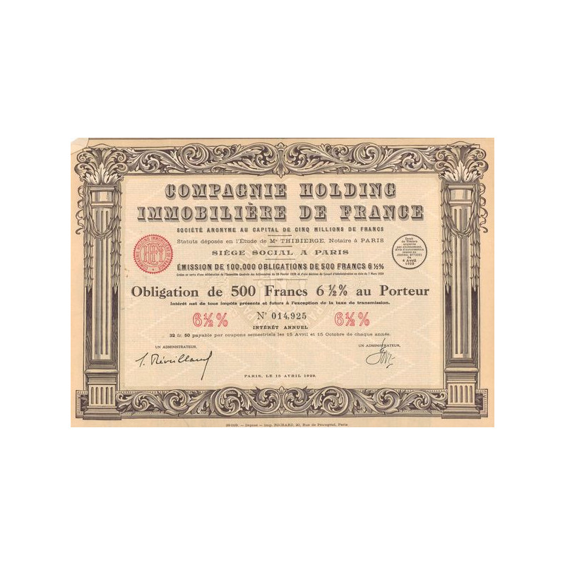 Cie Holding Immobilière de France (Obl 500 F 6% 1/2)