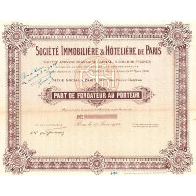 Sté Immobilière & Hôtelière de Paris (blanquette) (PF)