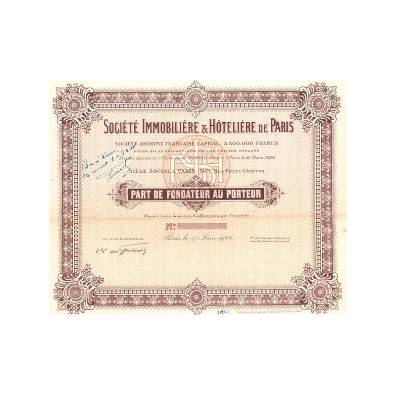 Sté Immobilière & Hôtelière de Paris (blanquette) (PF)