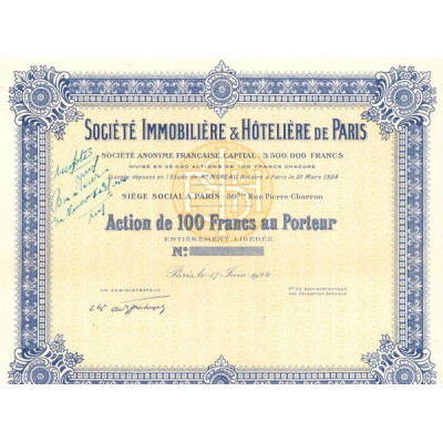 Sté Immobilière & Hôtelière de Paris (blanquette) (Act 100 F)