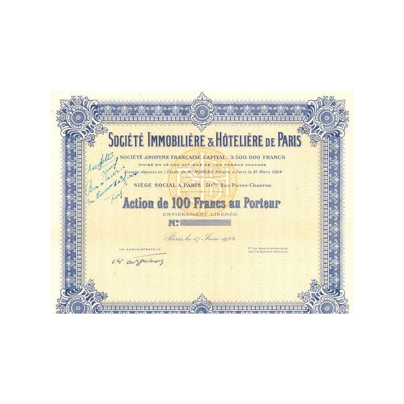 Sté Immobilière & Hôtelière de Paris (blanquette) (Act 100 F)