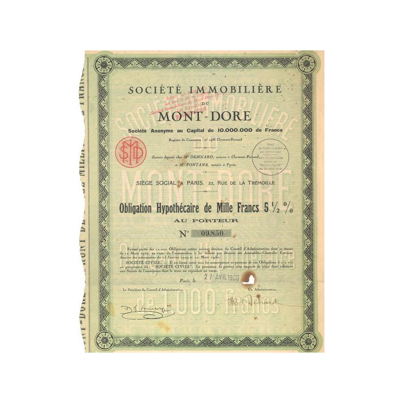 Sté Immobilière du Mont-Dore (Obl Hypot 1000 F 5% 1/2)