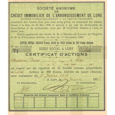S.A. de Crédit Immobilier de l'Arrondissement de Lure (Certif Act 100 F)