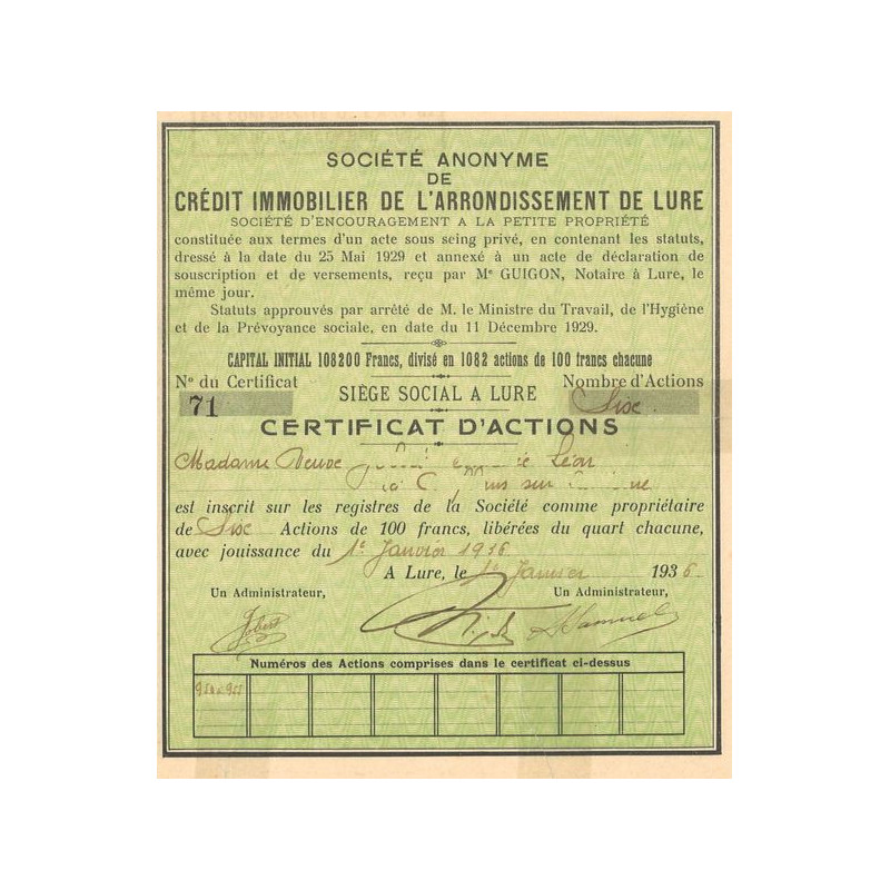S.A. de Crédit Immobilier de l'Arrondissement de Lure (Certif Act 100 F)