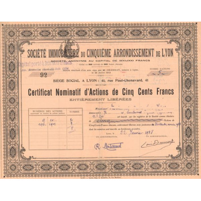 Sté Immobilière du Cinquième Arrondissement de Lyon (Certif Nomin d'Act 500 F)(Modele 1)