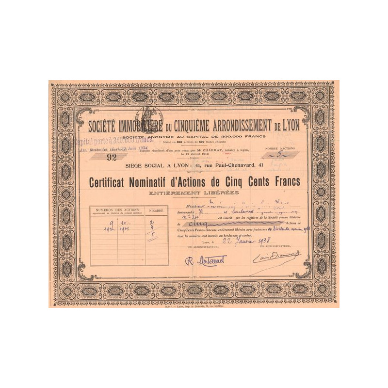 Sté Immobilière du Cinquième Arrondissement de Lyon (Certif Nomin d'Act 500 F)(Modele 1)