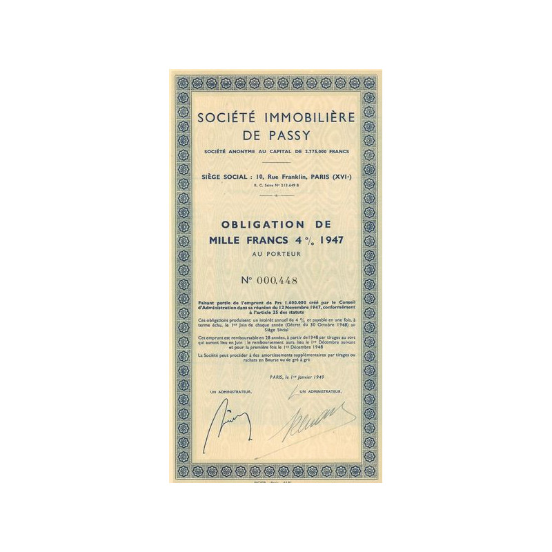 Sté Immobilière de Passy (Obl 1000 F 4% 1947)