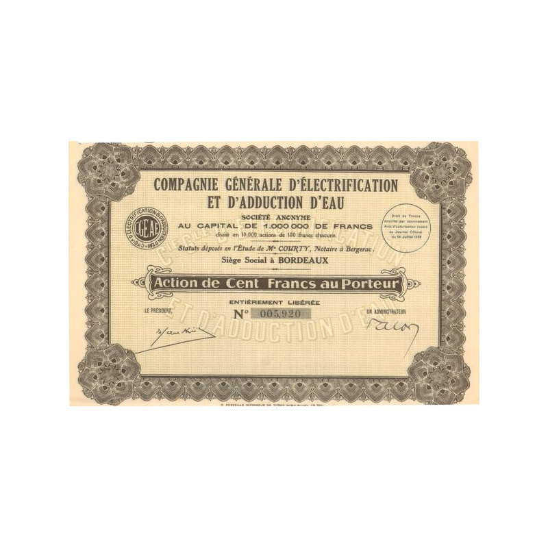 Cie Gale d'Electrification et d'Adduction d'Eau (Act 100 F)