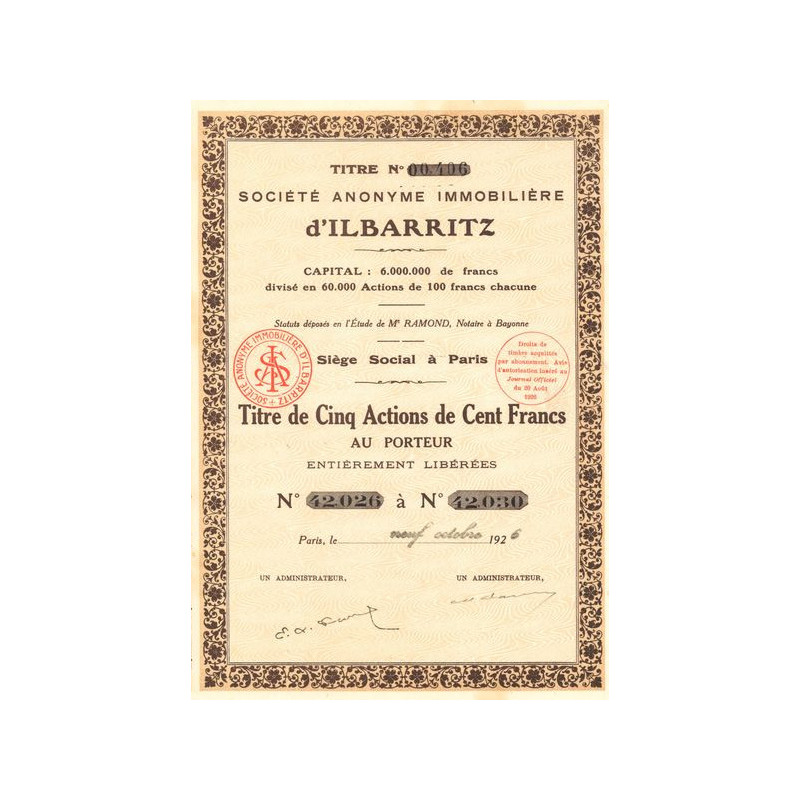 S.A. Immobilière d'Ilbarritz (Titre 05 Act 100 F)
