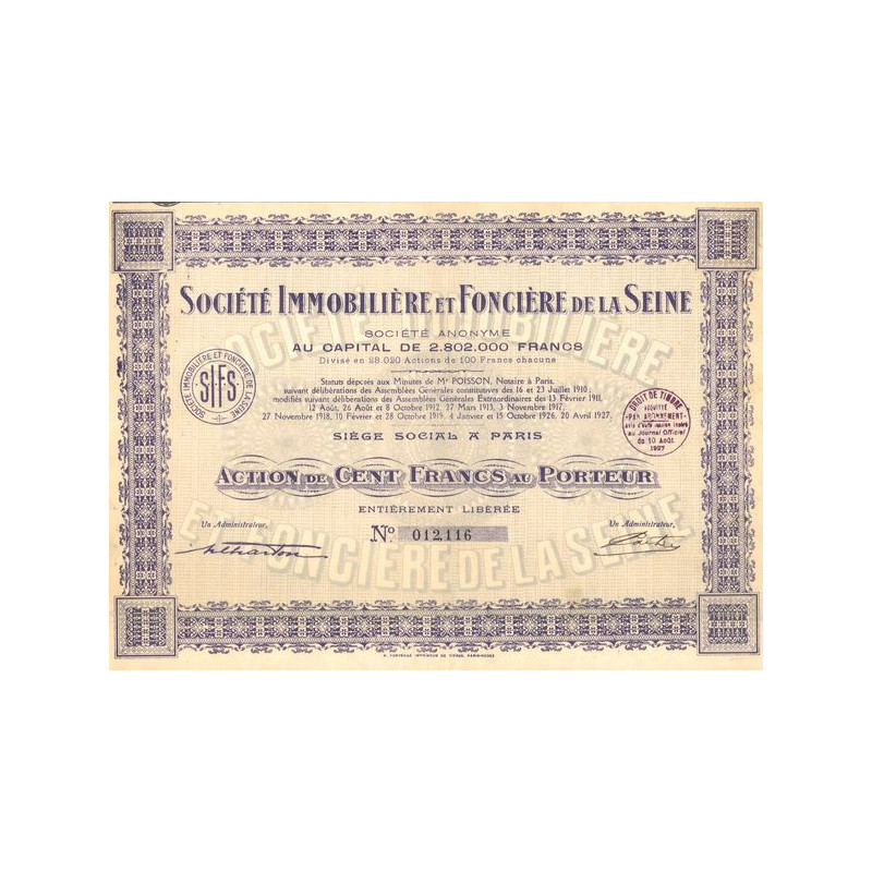 Sté Immobilière et Foncière de la Seine (Act 100 F) (1927)