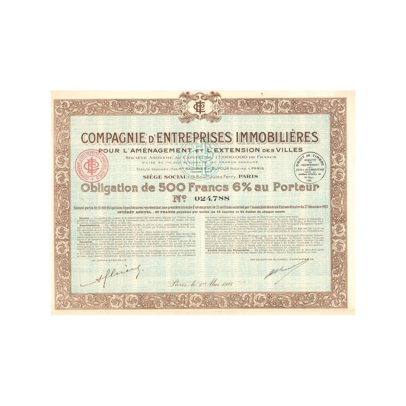 Cie d'Entreprises Immobilière pour l'Aménagement et l'Extention des Villes (Obl 500 F 6%)