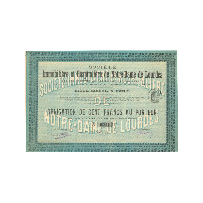 Sté Immobilière et Hospitalière de Notre-Dame de Lourdes (Obl 100 F)