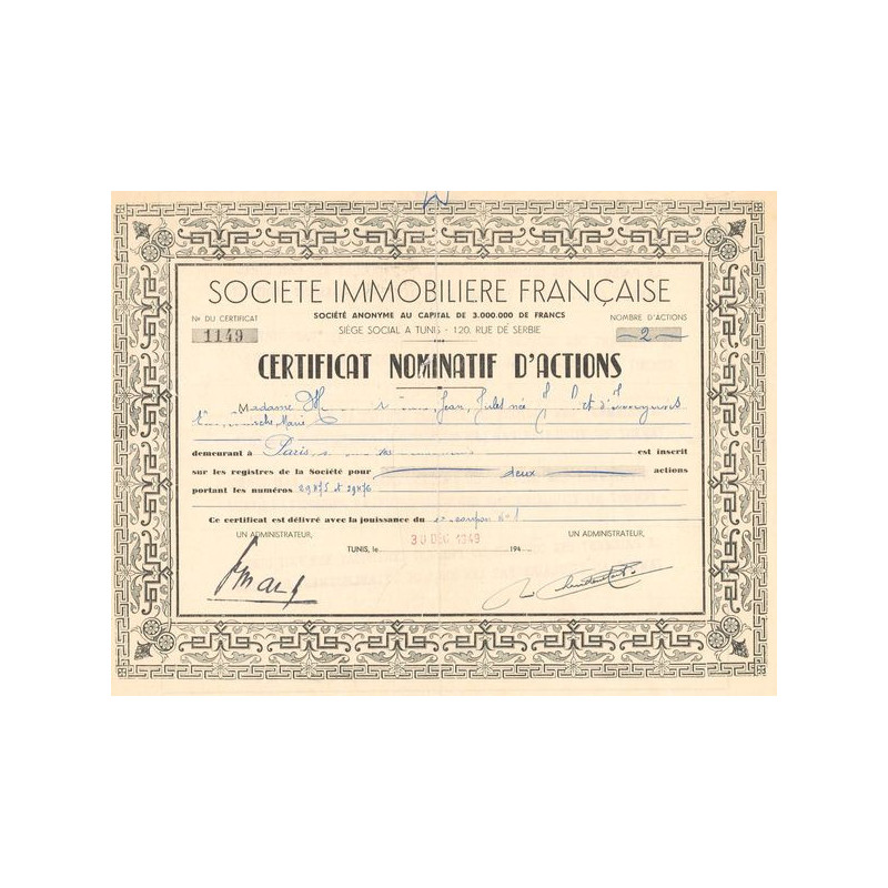 Sté Immobilière Française (Certif Nomin Titre 02 Act)