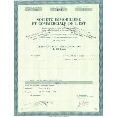 Sté Immobilière et Commerciale de l'Est (Certif d'Act Nomin 100 F)