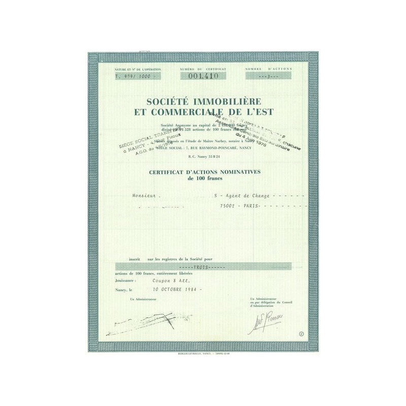 Sté Immobilière et Commerciale de l'Est (Certif d'Act Nomin 100 F)