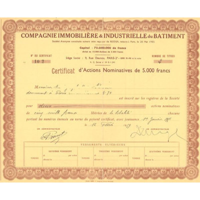 Cie Immobilière & Industrielle du Bâtiment (Certif d'Act Nomin 5000 F)