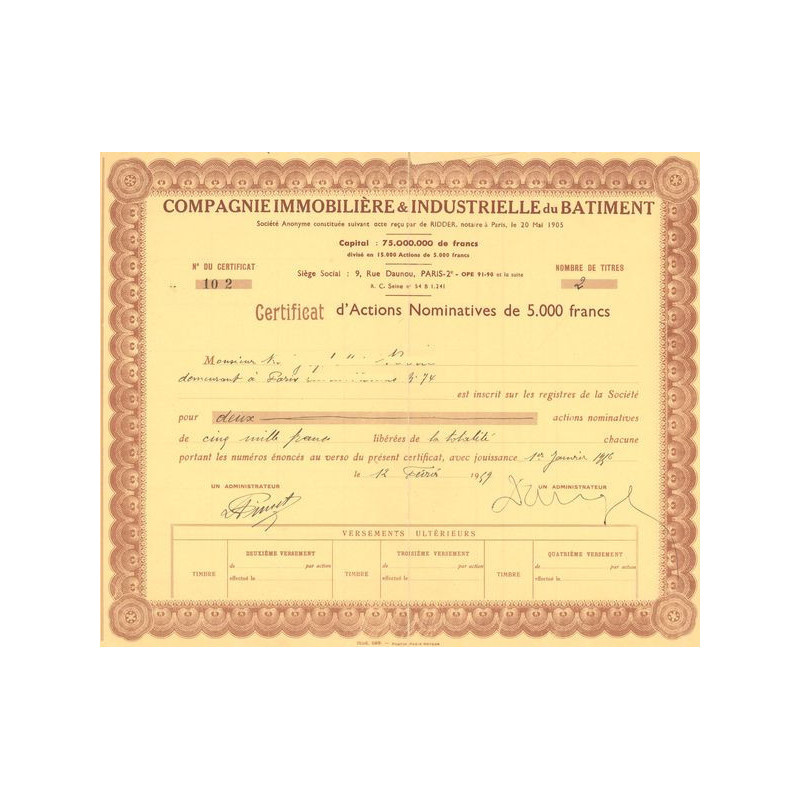 Cie Immobilière & Industrielle du Bâtiment (Certif d'Act Nomin 5000 F)