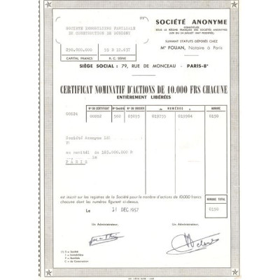 Sté Immobilière Familiale de Construction de Bobigny (Certif Nomin Act 10000 F)