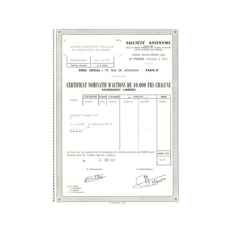 Sté Immobilière Familiale de Construction de Bobigny (Certif Nomin Act 10000 F)