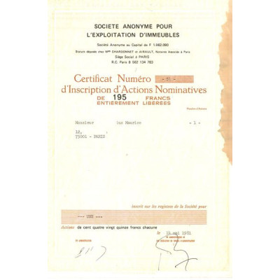S.A. pour l'Exploitation d'Immeubles (Certif d'Inscription d'Act Nomin 195 F)