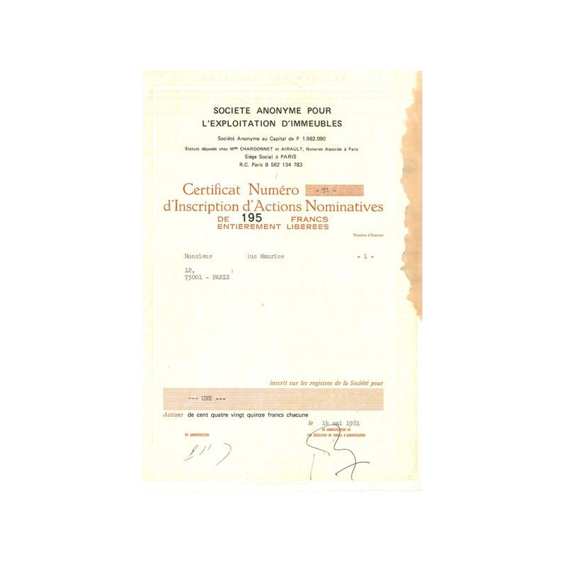 S.A. pour l'Exploitation d'Immeubles (Certif d'Inscription d'Act Nomin 195 F)
