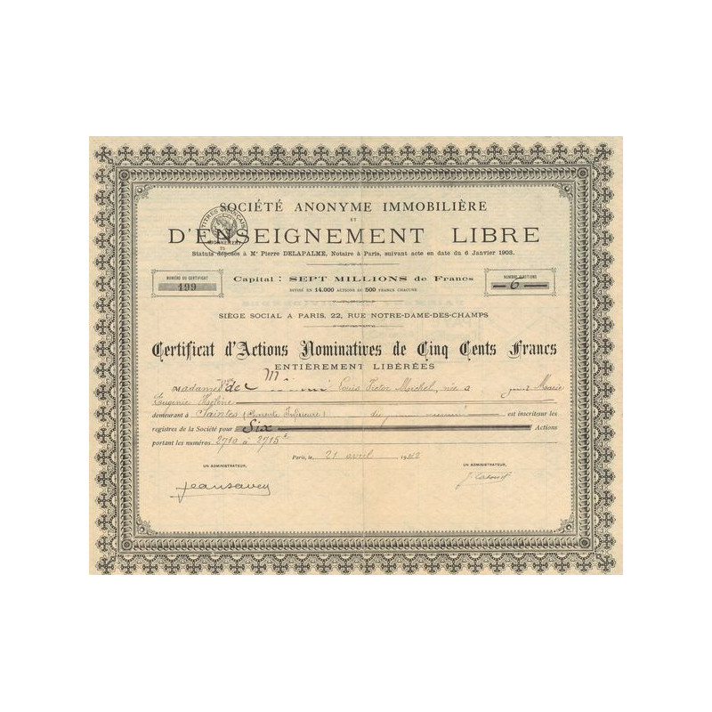S.A. Immobilière et d'Enseignement Libre (Certif Act 500 F)(Modele 1)
