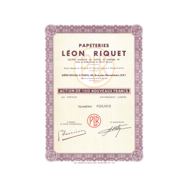 Papeteries Léon Riquet (Act 100 NF)
