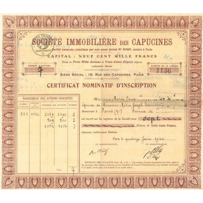 Sté Immobilière des Capucines (Certif Nominatif d'Inscription)