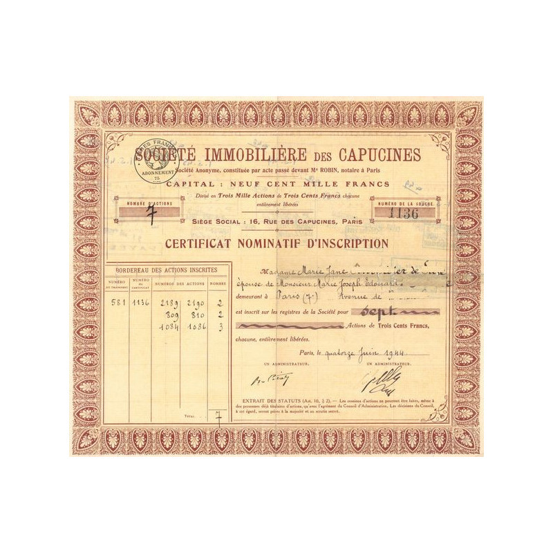 Sté Immobilière des Capucines (Certif Nominatif d'Inscription)