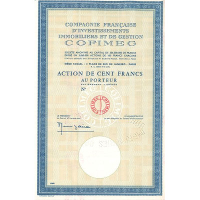 Cie Française d'Investissements Immobiliers et de Gestion COFIMEG (Blanquette)(Act 100 F)