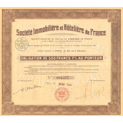 Sté Immobilière et Hôtelière de France (Obl 500 F 7%)