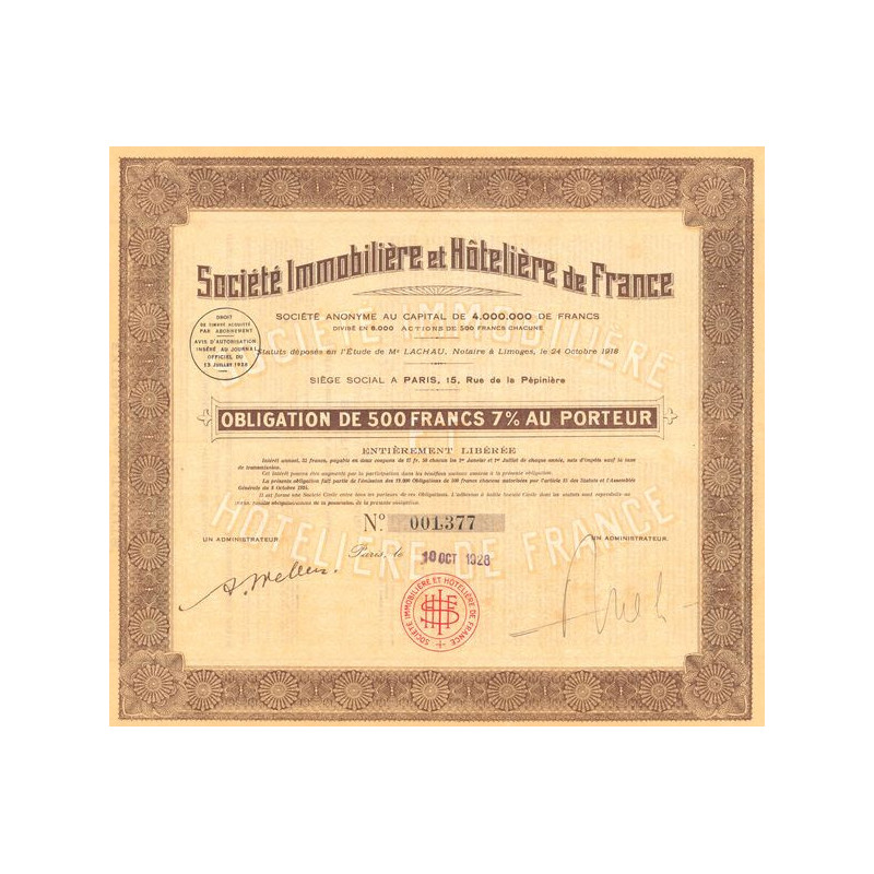 Sté Immobilière et Hôtelière de France (Obl 500 F 7%)